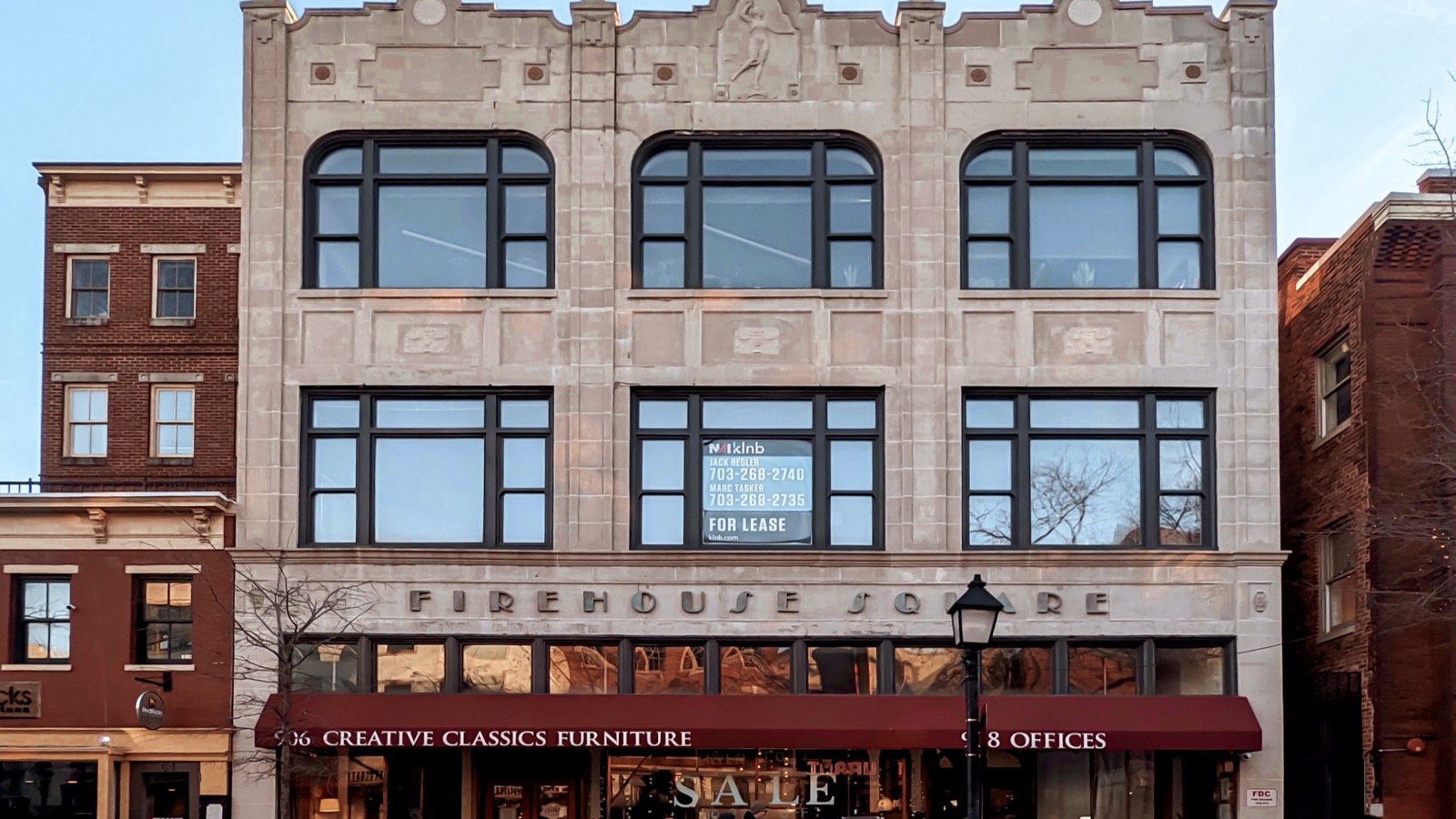 Historic Firehouse Square storefronts in Old Town Alexandria, Virginia
