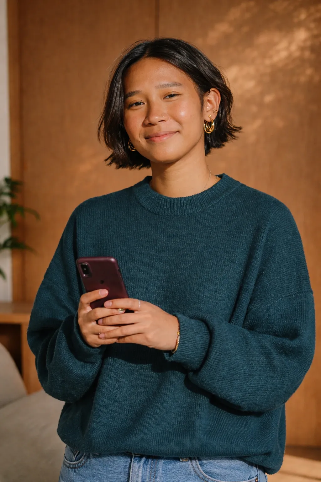 Smiling person with short dark hair wearing gold hoop earrings and a teal sweater, holding a smartphone indoors.