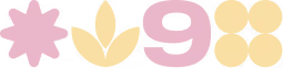 Icons of a pink star, beige leaves, number 9, and four beige circles in a row.