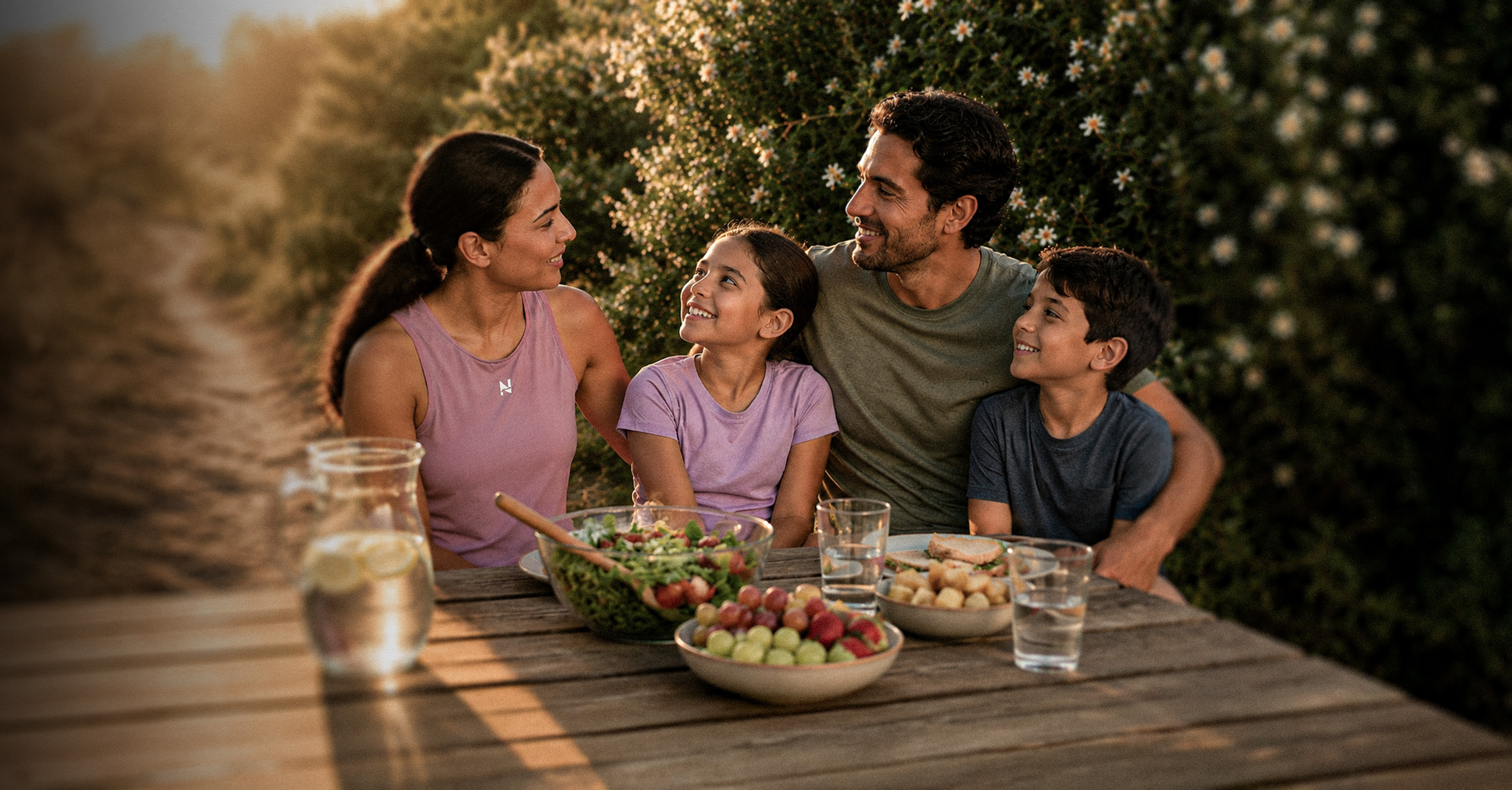 Smiling family of four sitting at a wooden table outdoors with salad, fruit, and glasses of water.