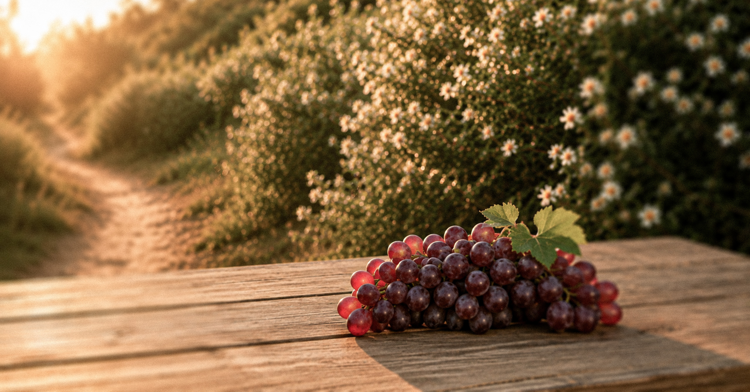 A bunch of ripe red grapes with green leaves on a wooden surface with sunlight and flowers in the background.