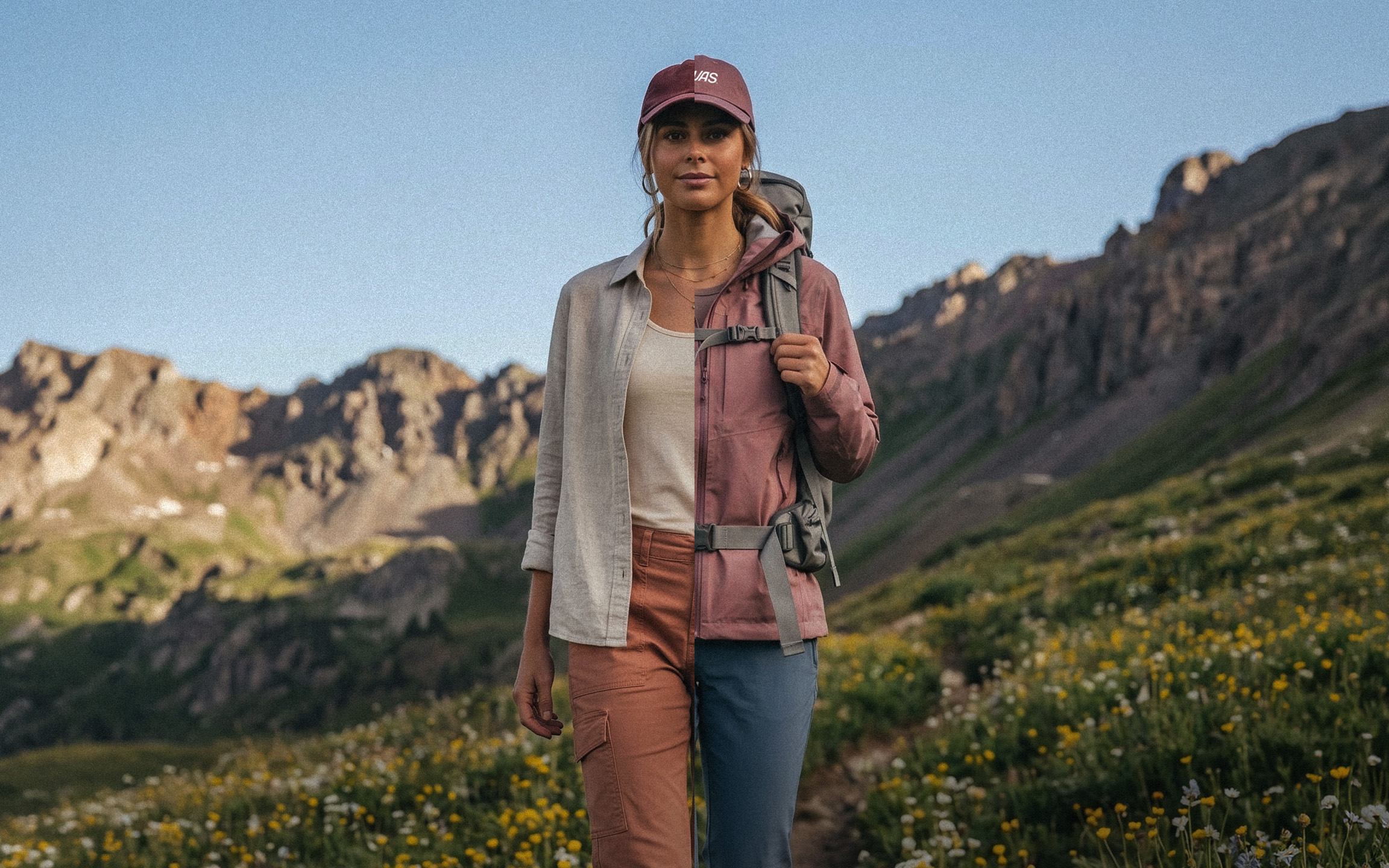 Woman hiking in mountain meadow with backpack, wearing a cap, jacket, and cargo pants.