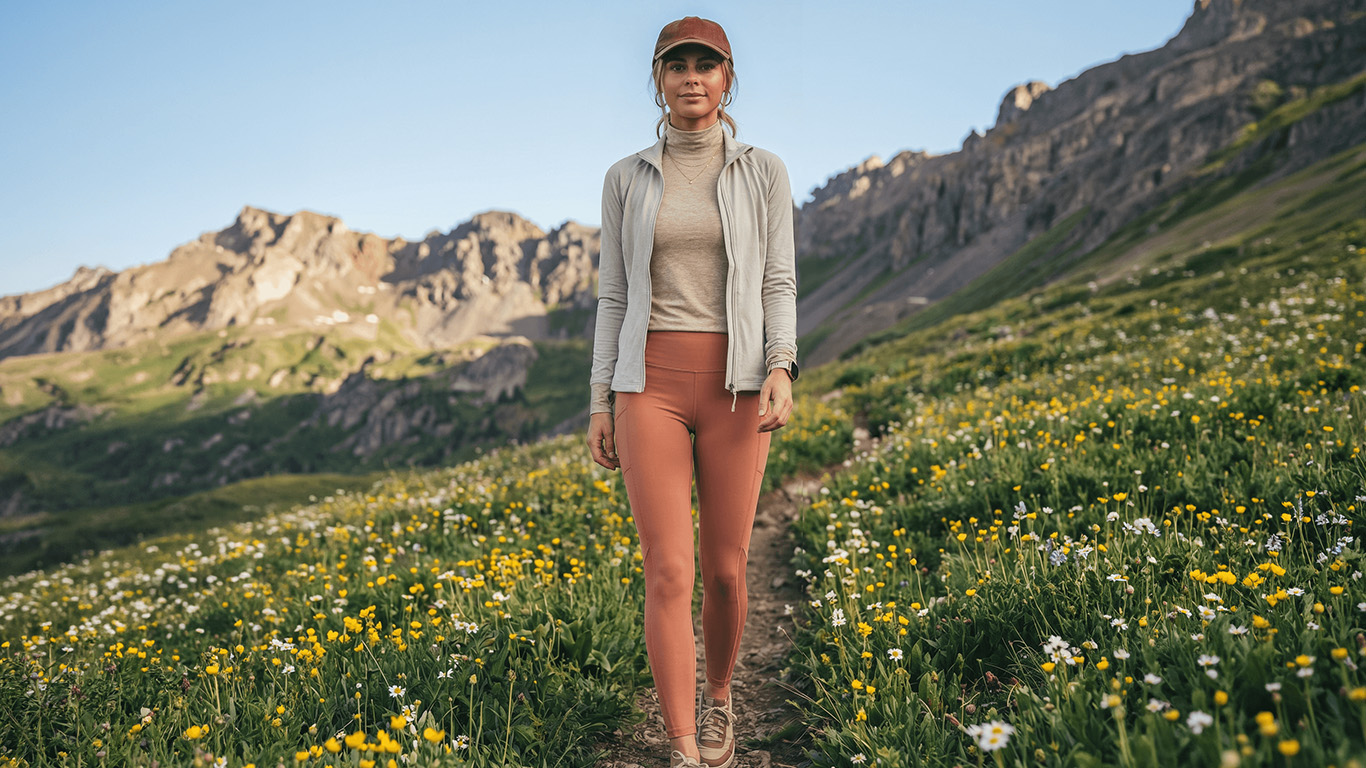 Woman in athletic wear walking on a mountain trail surrounded by wildflowers and rocky peaks.