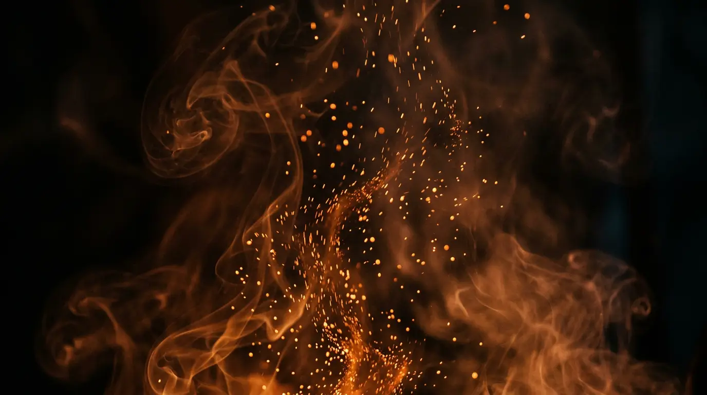 Warm amber smoke and ember dust rising through volumetric darkness
