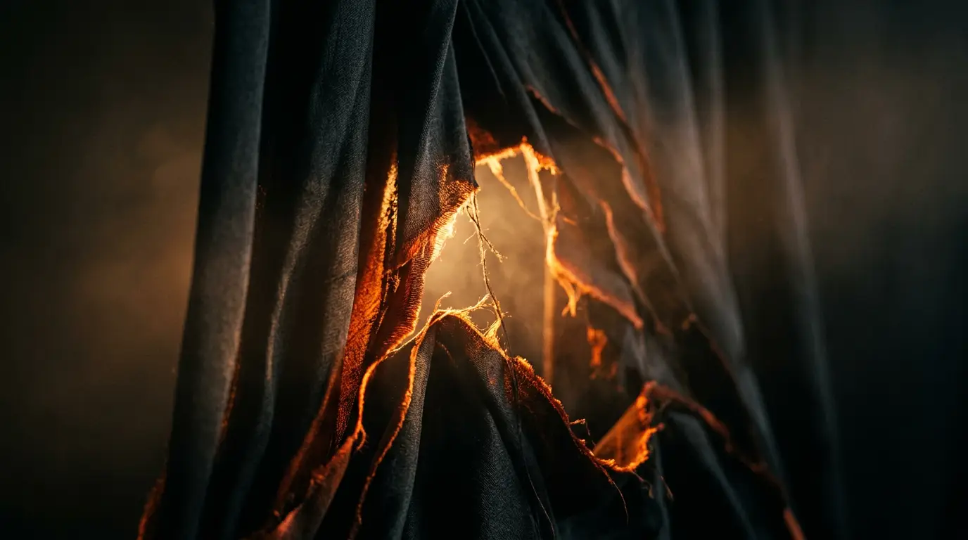 Warm amber light passing through layered dark fabric