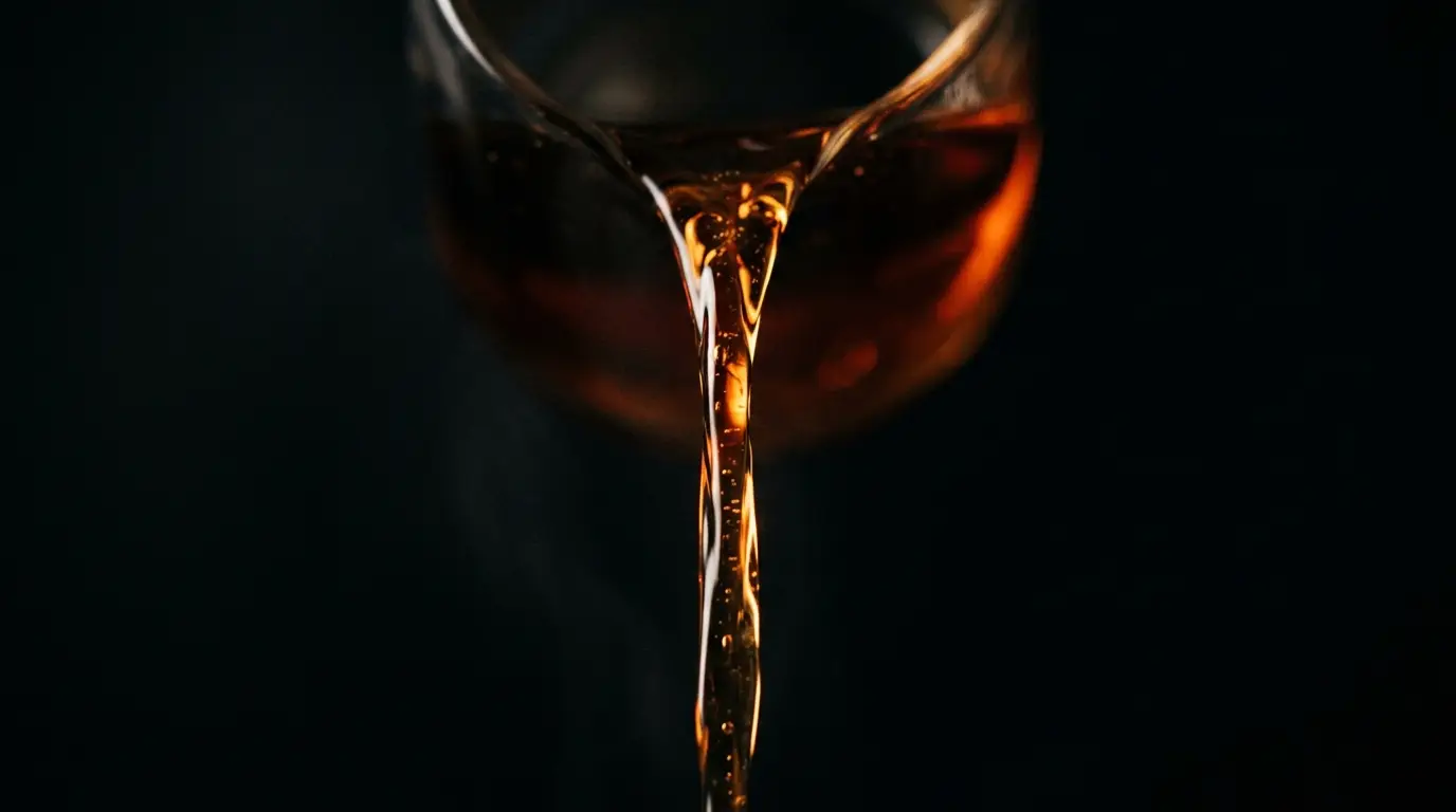 Warm amber liquid pouring slowly through volumetric darkness