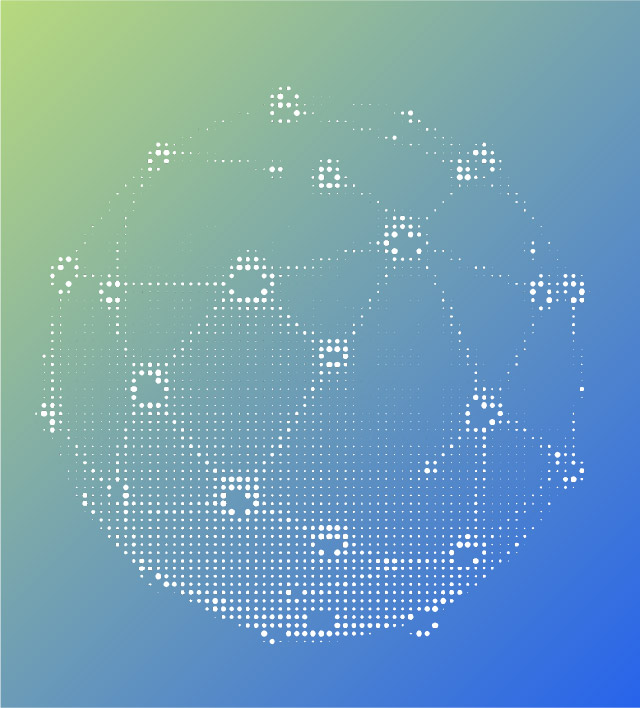 Abstract sphere made of white dots connected by lines on a gradient green to blue background.