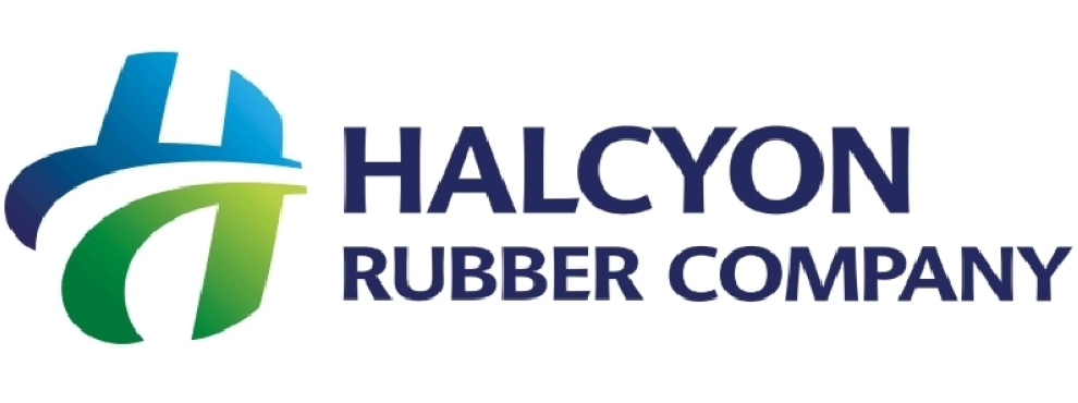 Halcyon Rubber Company logo with stylized H in blue and green gradient.