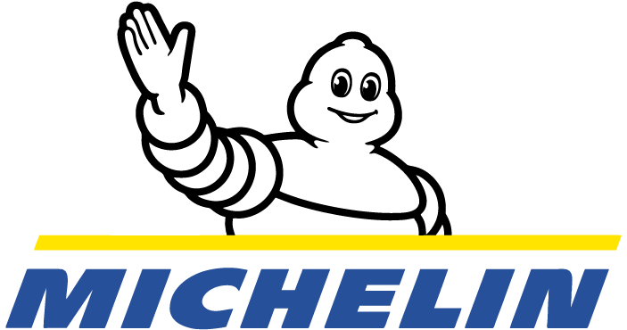 Michelin logo with yellow arc above blue uppercase letters on a black background.