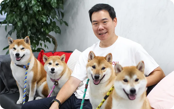 BOM BOM founder Jason Wang at home with his four Shiba Inus