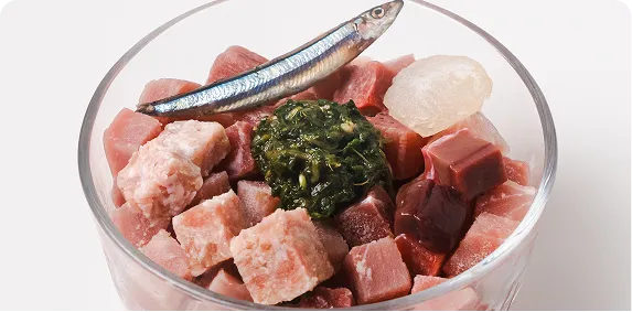 Fresh raw meal with diced meat, anchovy and greens in a glass bowl