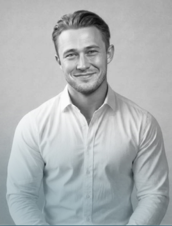 Smiling man with neatly styled hair wearing a white button-up shirt against a plain background.