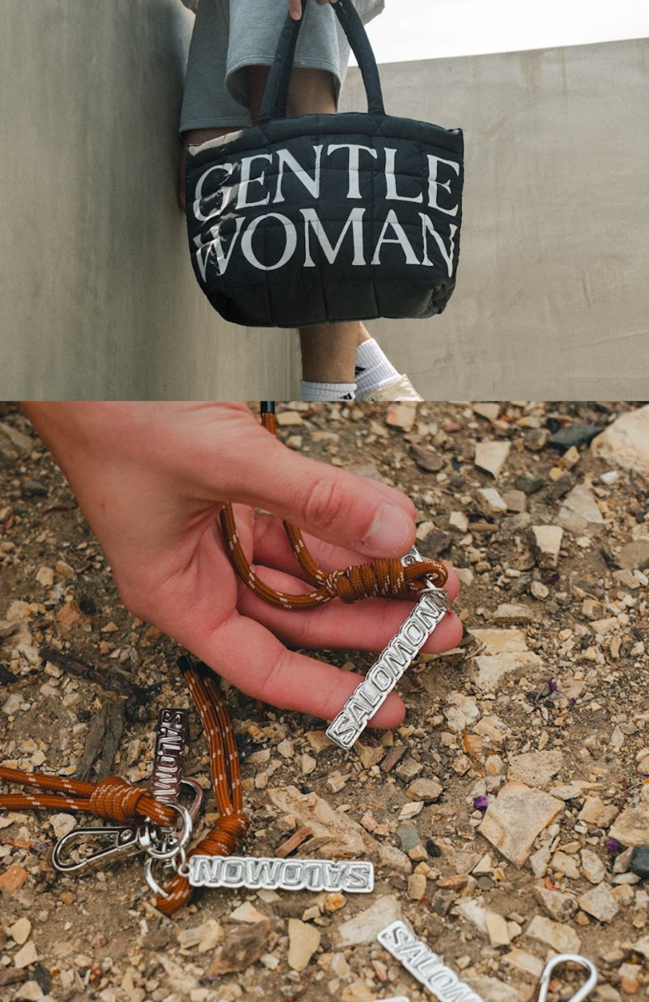 Custom black puffy duffel bag with Gentle Woman in white screen printed across front  above image of Solomon silver keychain on brown tie 