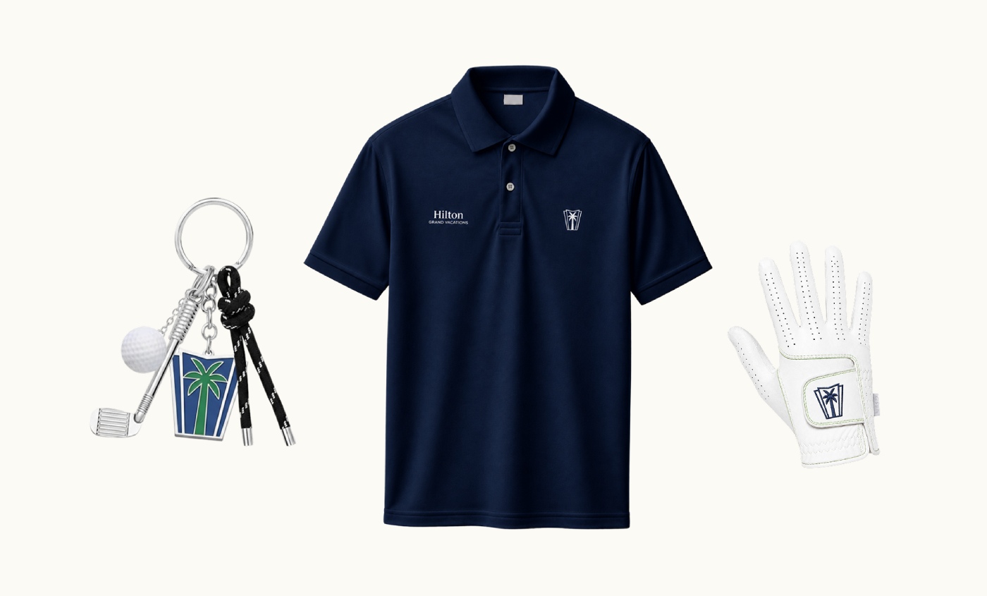 Hilton branded golf keychain, polo and glove