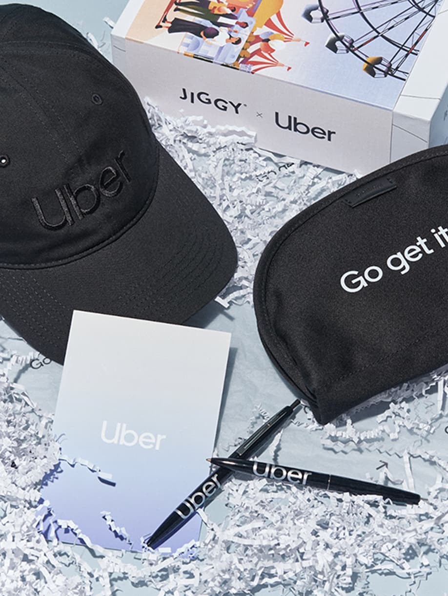 Uber custom black cap, “Go get it” pouch, card, and pen