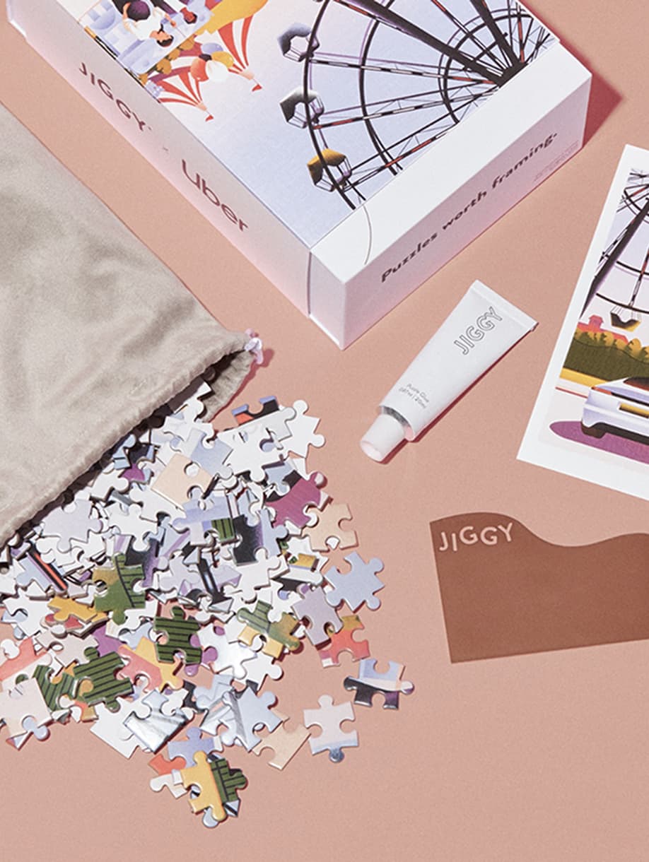JIGGY x Uber custom puzzle with branded packaging and accessories