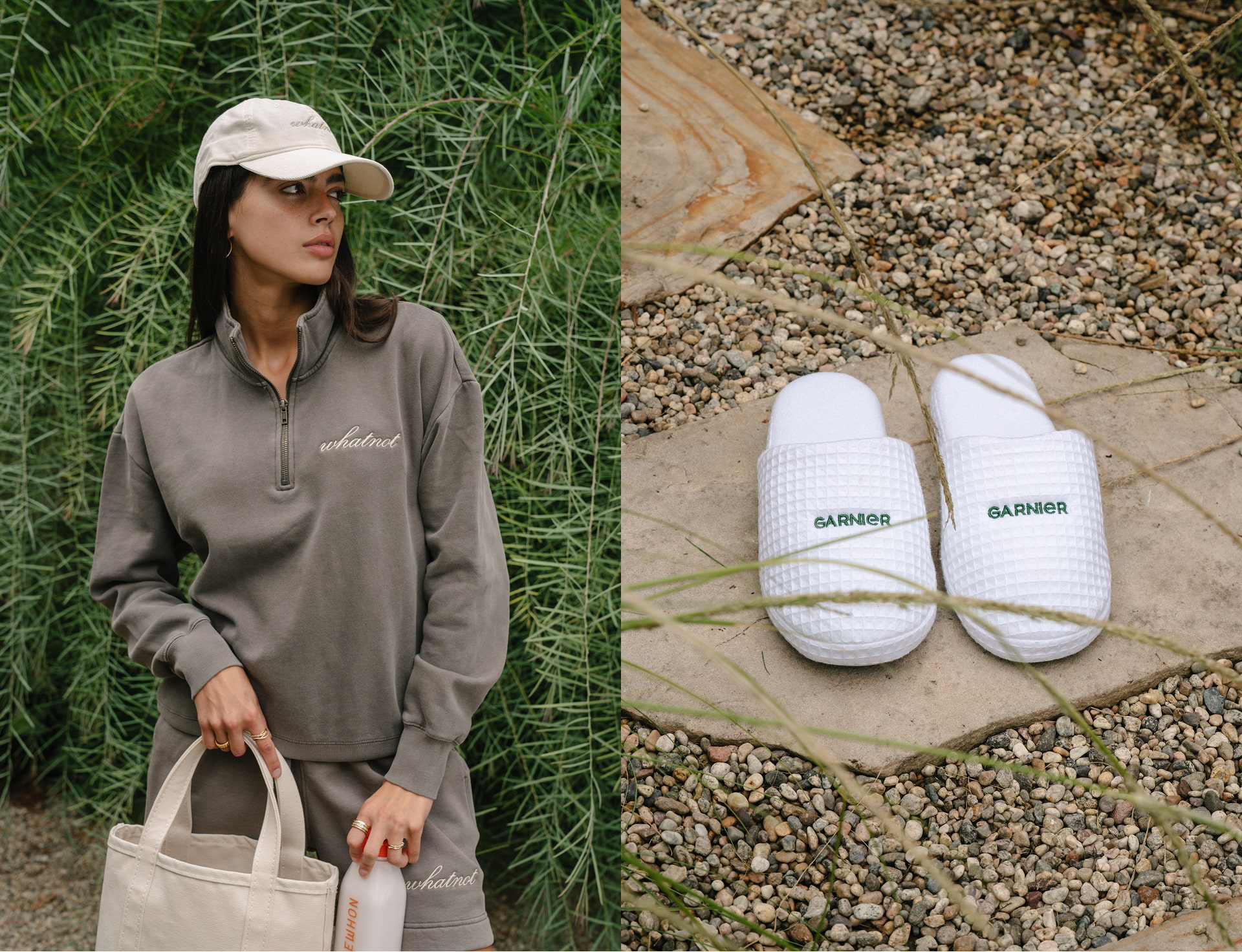 Custom Whatnote embroidered tan 1/2 zip pullover next to product shot of white slippers with green Garnier logo