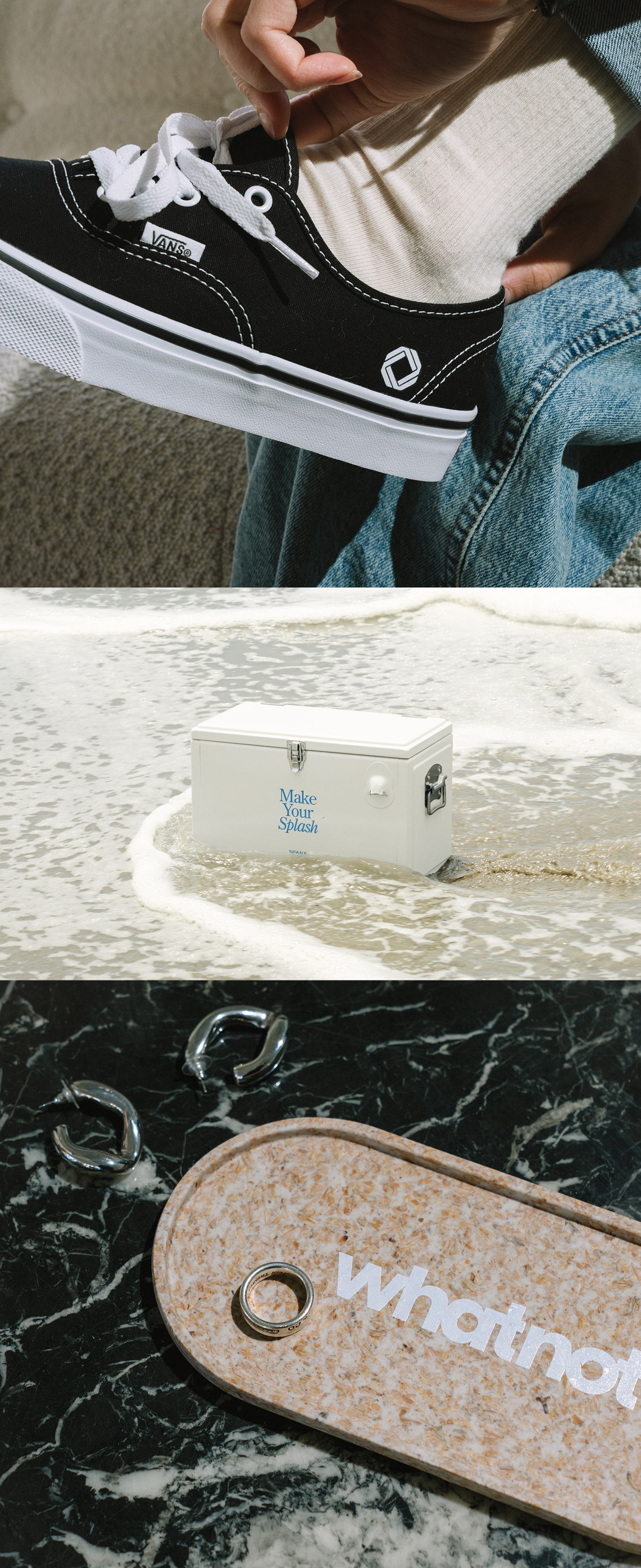 Custom black Vans with OpenAI branding on side above image of white metal Spanx box sitting in surf over an image of whatnot branded catch all tray with ring