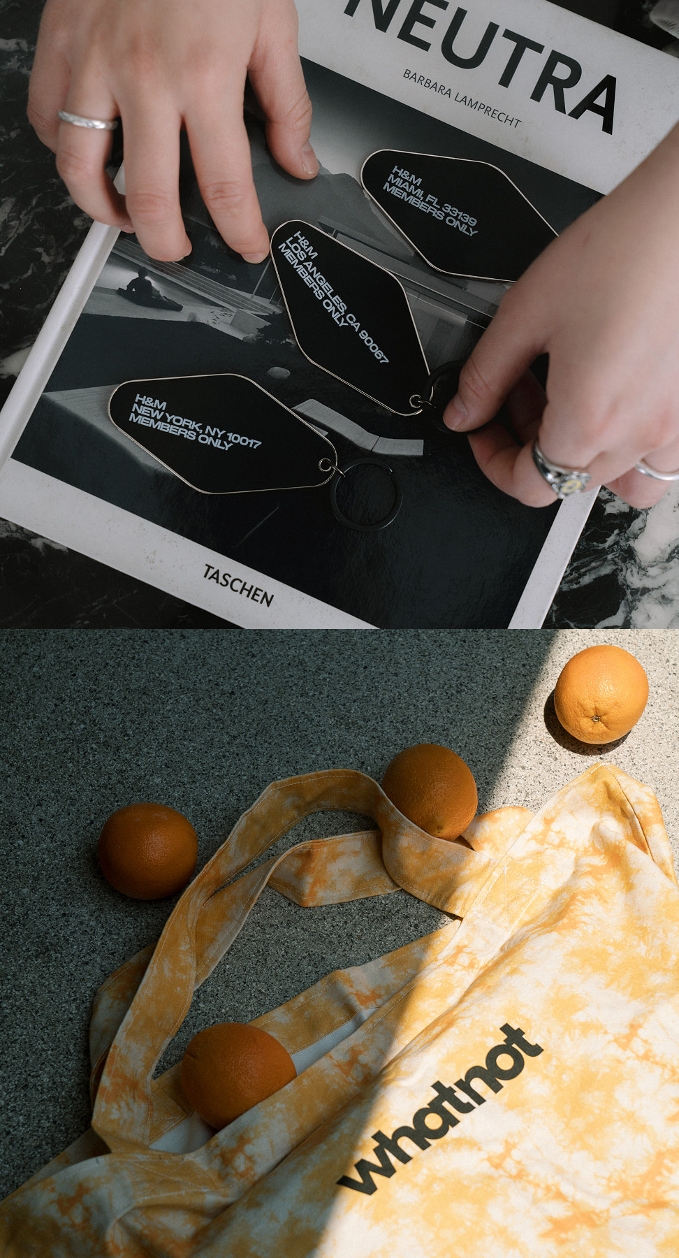 Black custom H&M hotel keychain above an image of a yellow tie dye Whatnot branded tote with oranges spilling out
