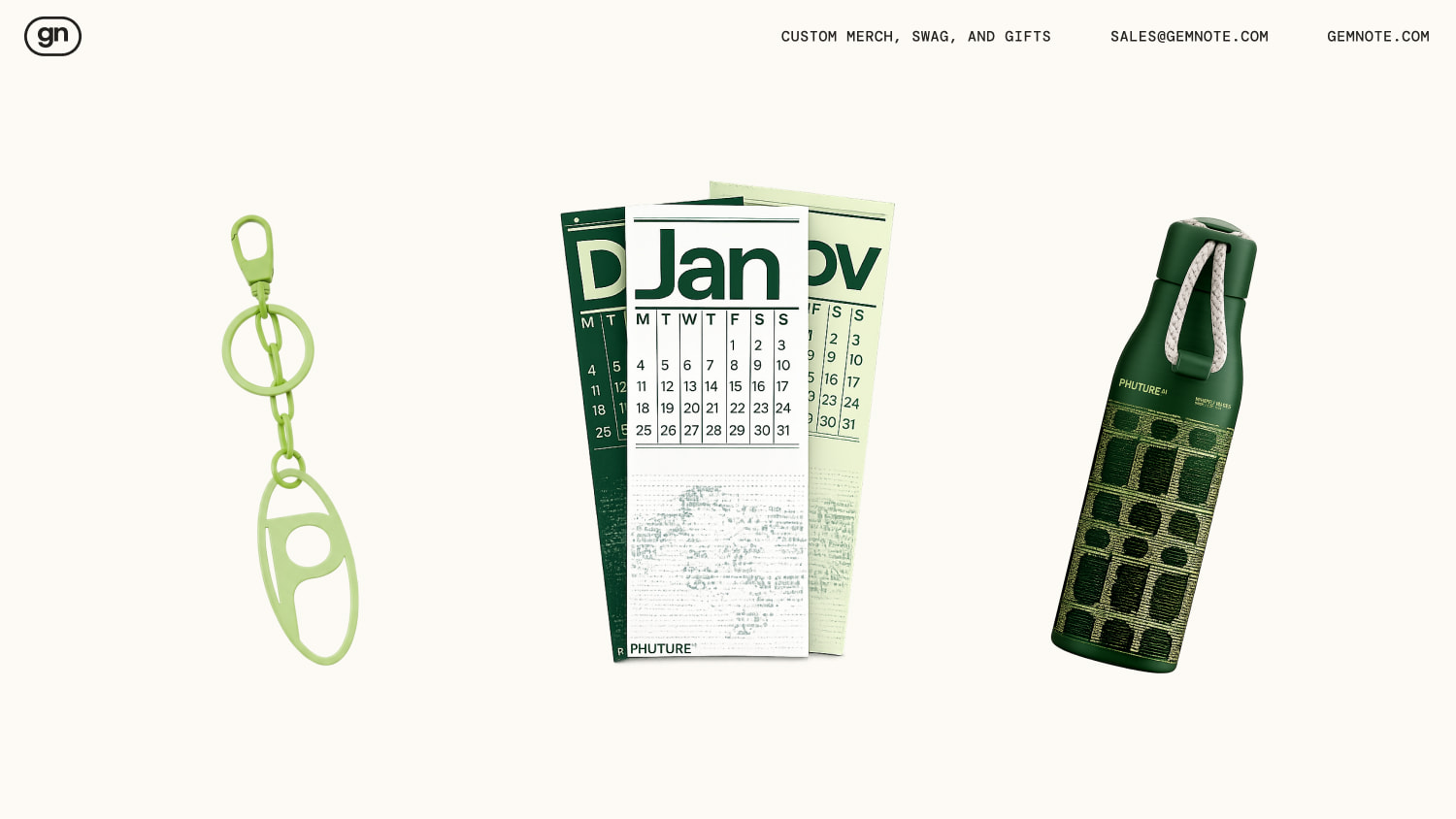 Phuture cutout green keychain, calendar pages, and green tumbler with rope handle