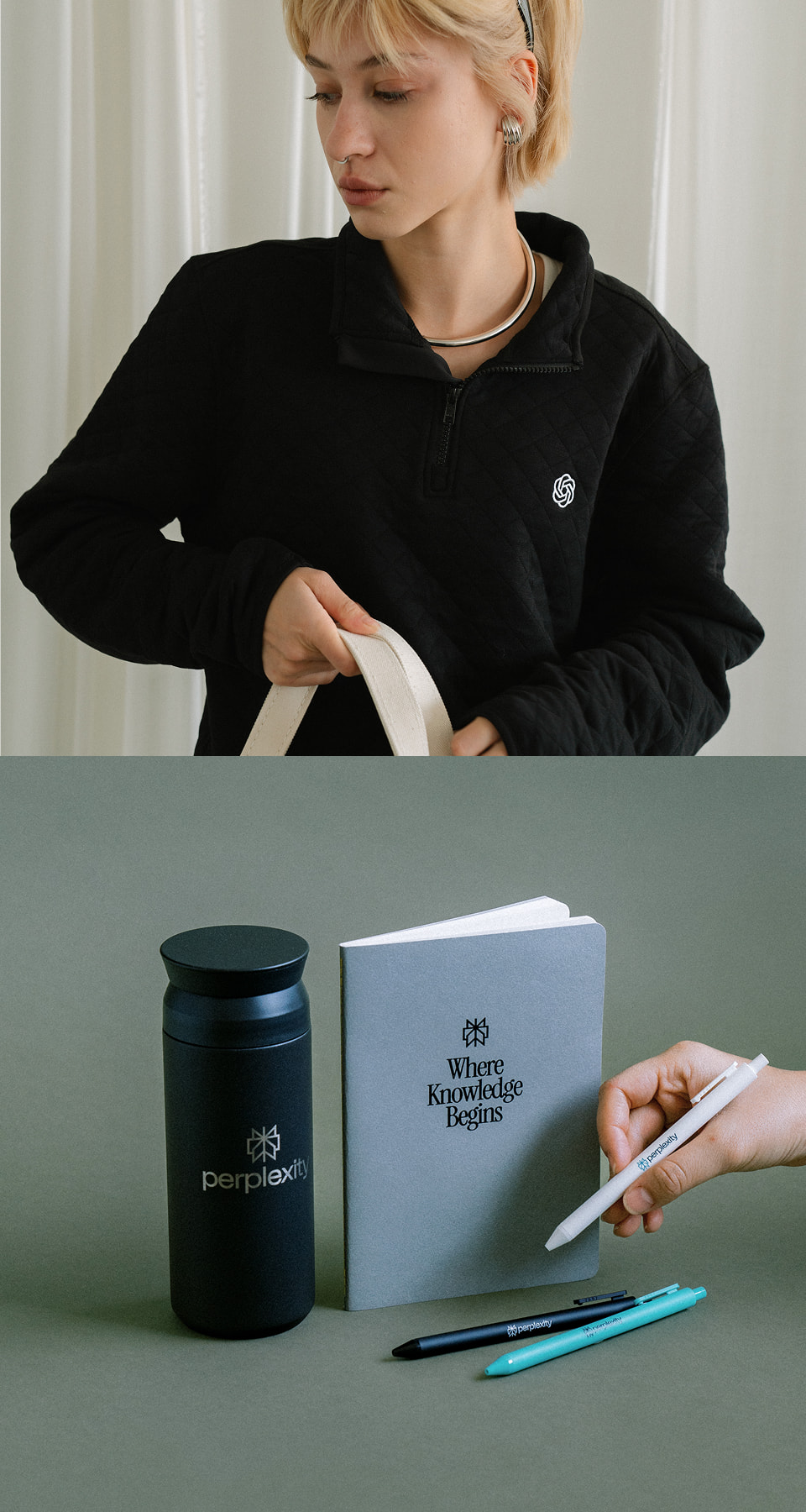 OpenAI branded black quarter-zip worn by a model and Perplexity branded notebook, pens and tumbler
