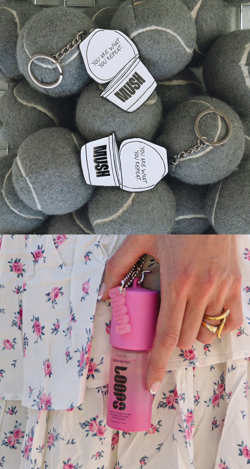 Custom MUSH engraved keychain above a custom branded pink Loops product bottle with keychain