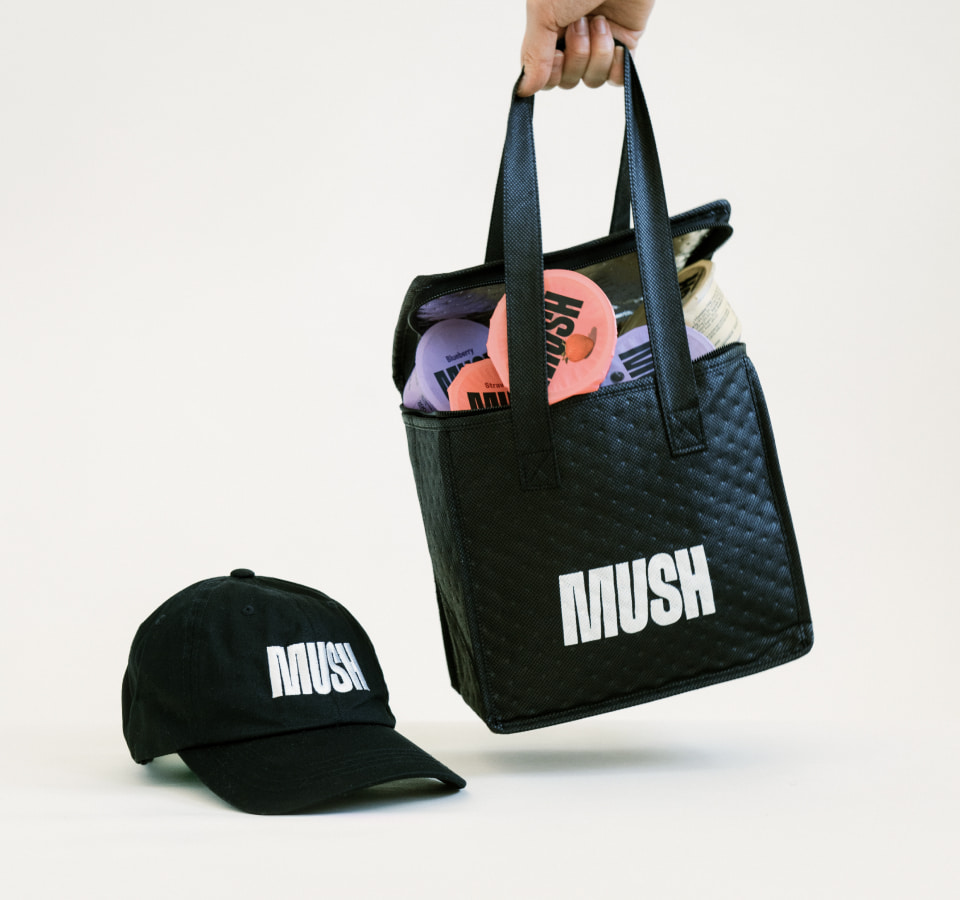 MUSH custom embroidered black hat and tote