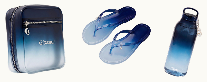 Custom blue ombre Glossier bag, flip flops, and tumbler