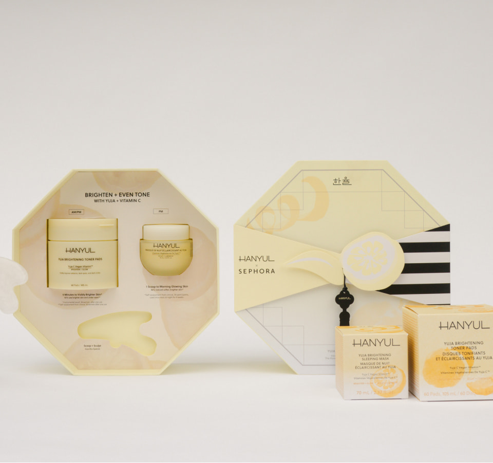 Hanyul x Sephora branded product box in yellow, black and white
