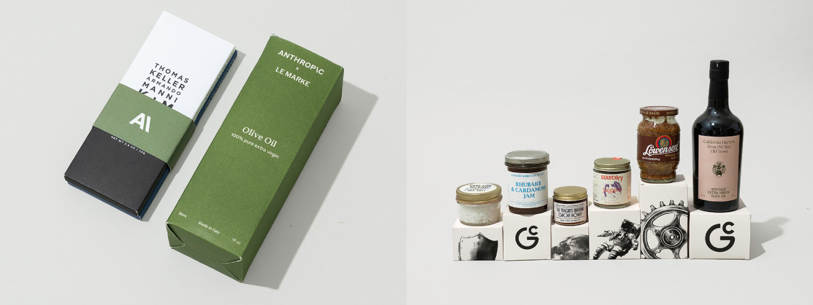 Anthropic Le Marché custom olive oil packaging and branded K+M chocolate bar next to image of General Catalyst pantry items with individual branded product boxes