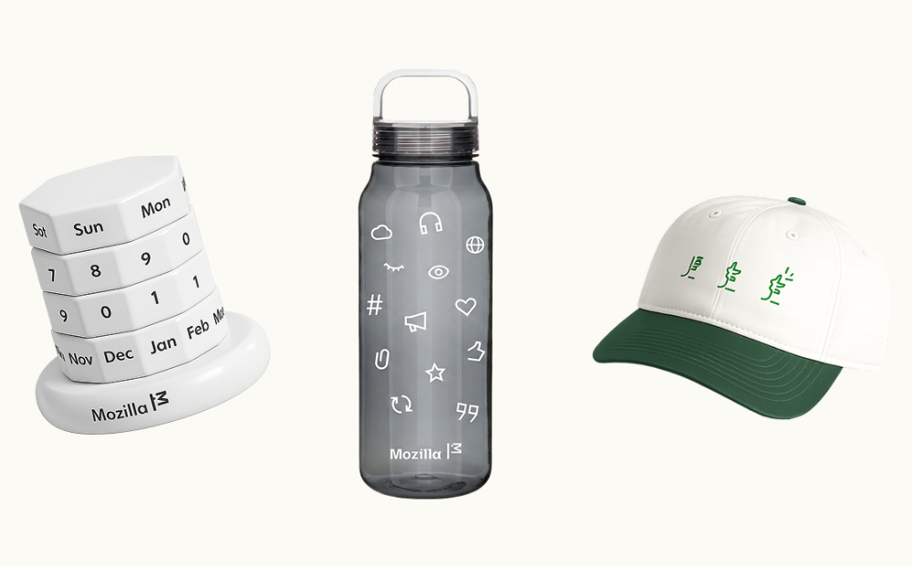 Mozilla branded calendar, tumbler and cap