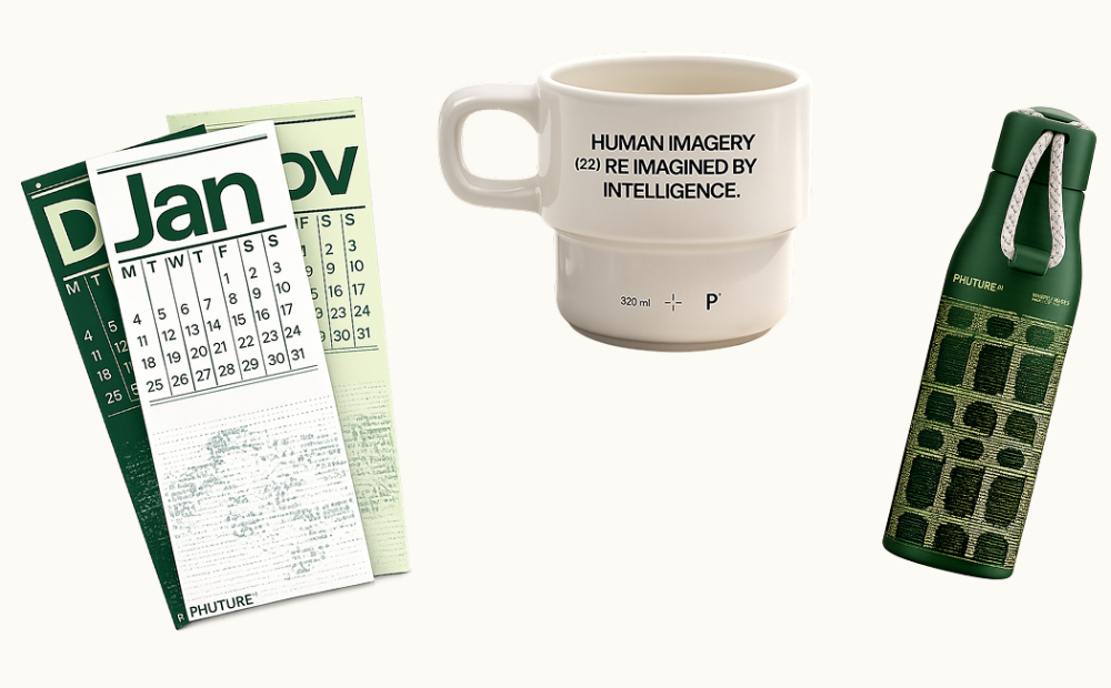 Branded cream and green calendar, mug and tumbler