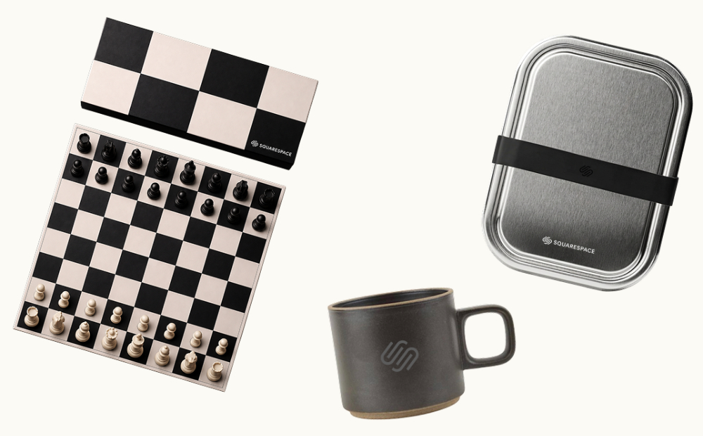 SquareSpace branded chess game, mug and bento box
