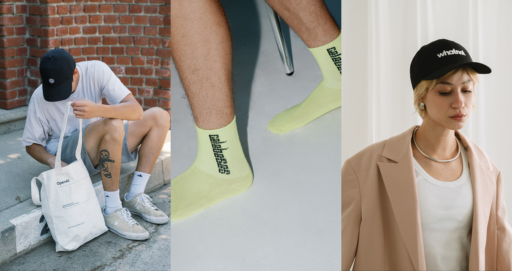Model sitting outside with OpenAI white tote, close up of model wearing yellow Calabases socks, and model wearing a black custom hat with Whatnot embroidered in white on front