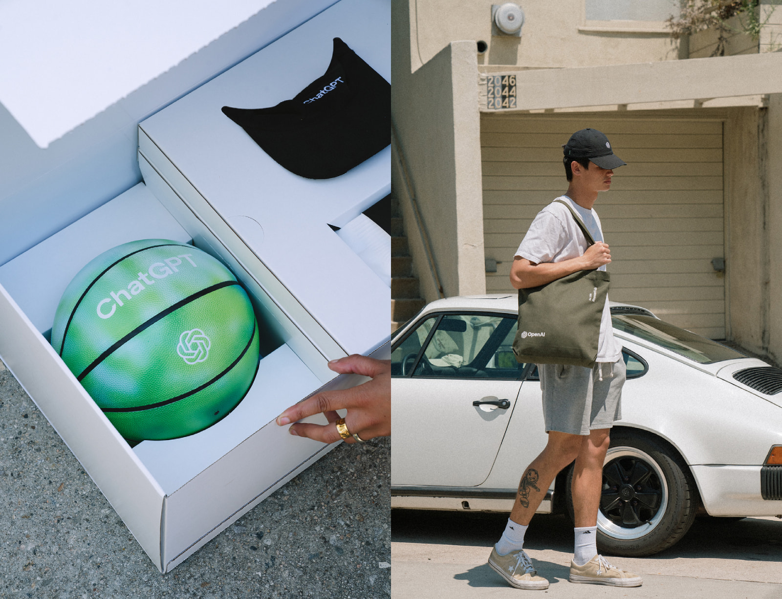 ChatGPT and Open AI branded basketball in white box next to model carrying army green OpenAI tote and black cap