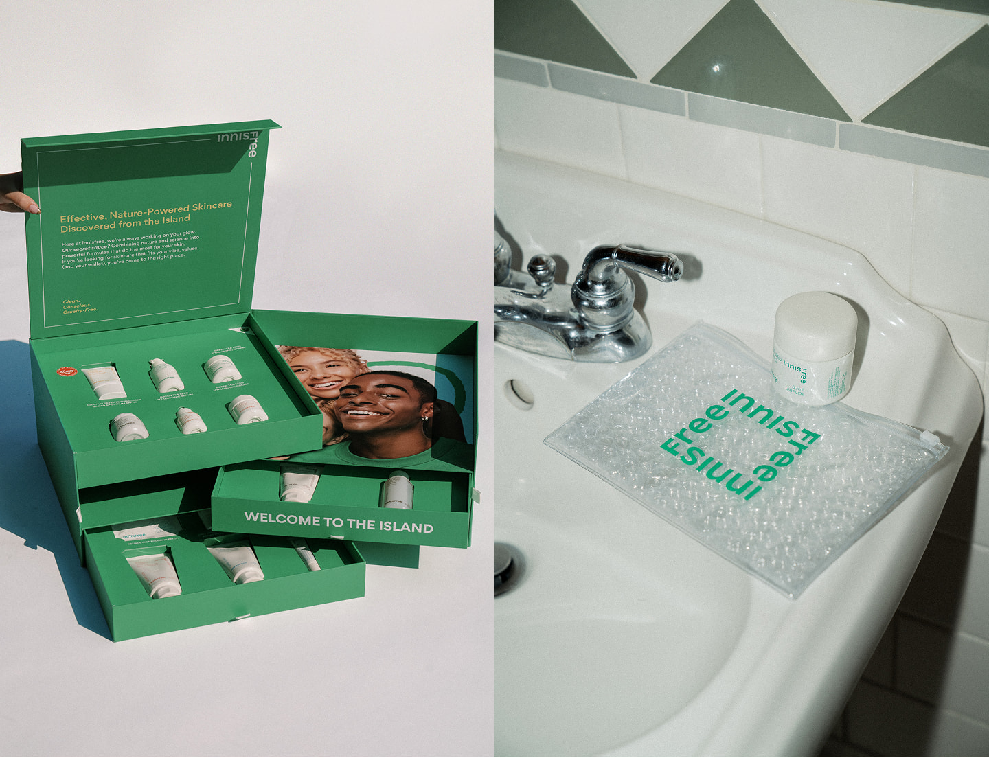 Custom Innisfree green packaging and clear cosmetic pouch with green logo