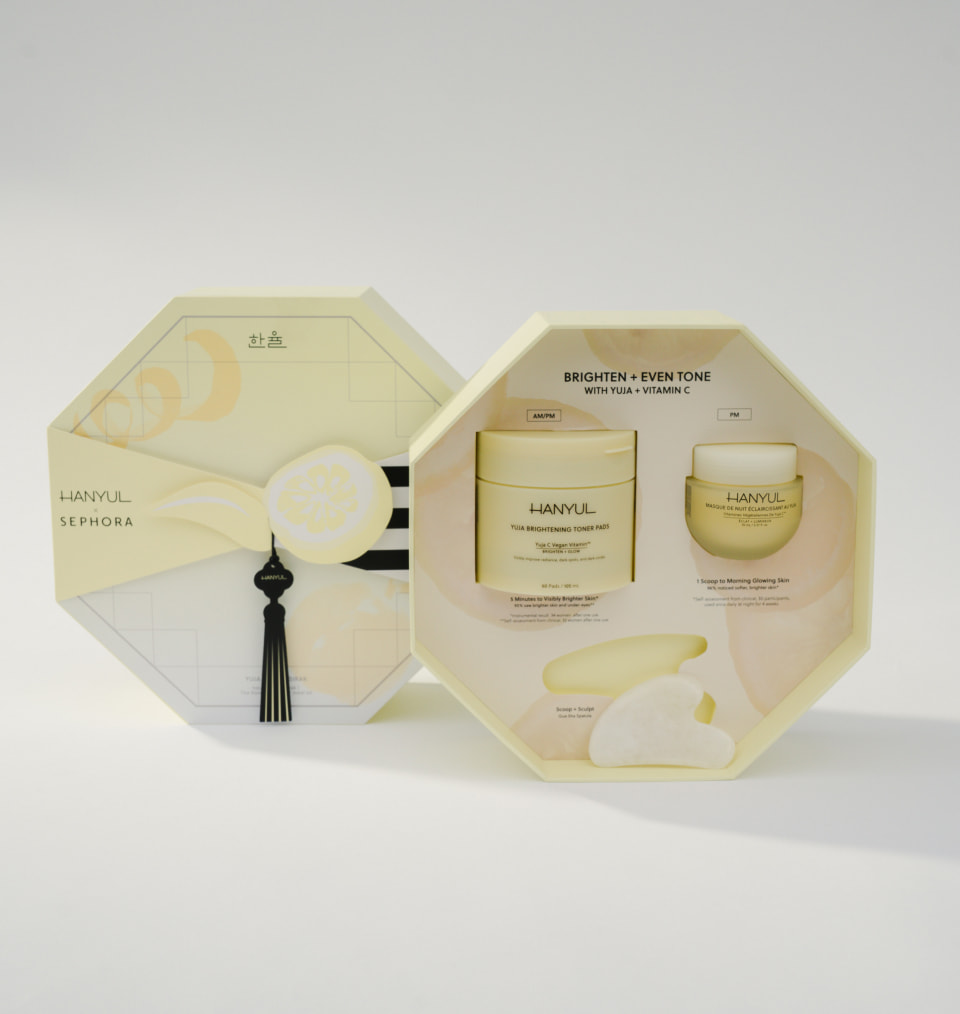 Hanyul for Sephora branded skincare packaging with products