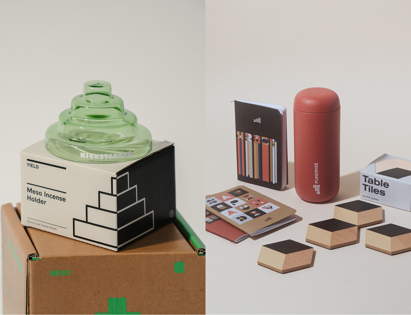 Kickstarter branded incense holder on kraft box next to Fundrise colorful notebooks, red tumbler and table tiles
