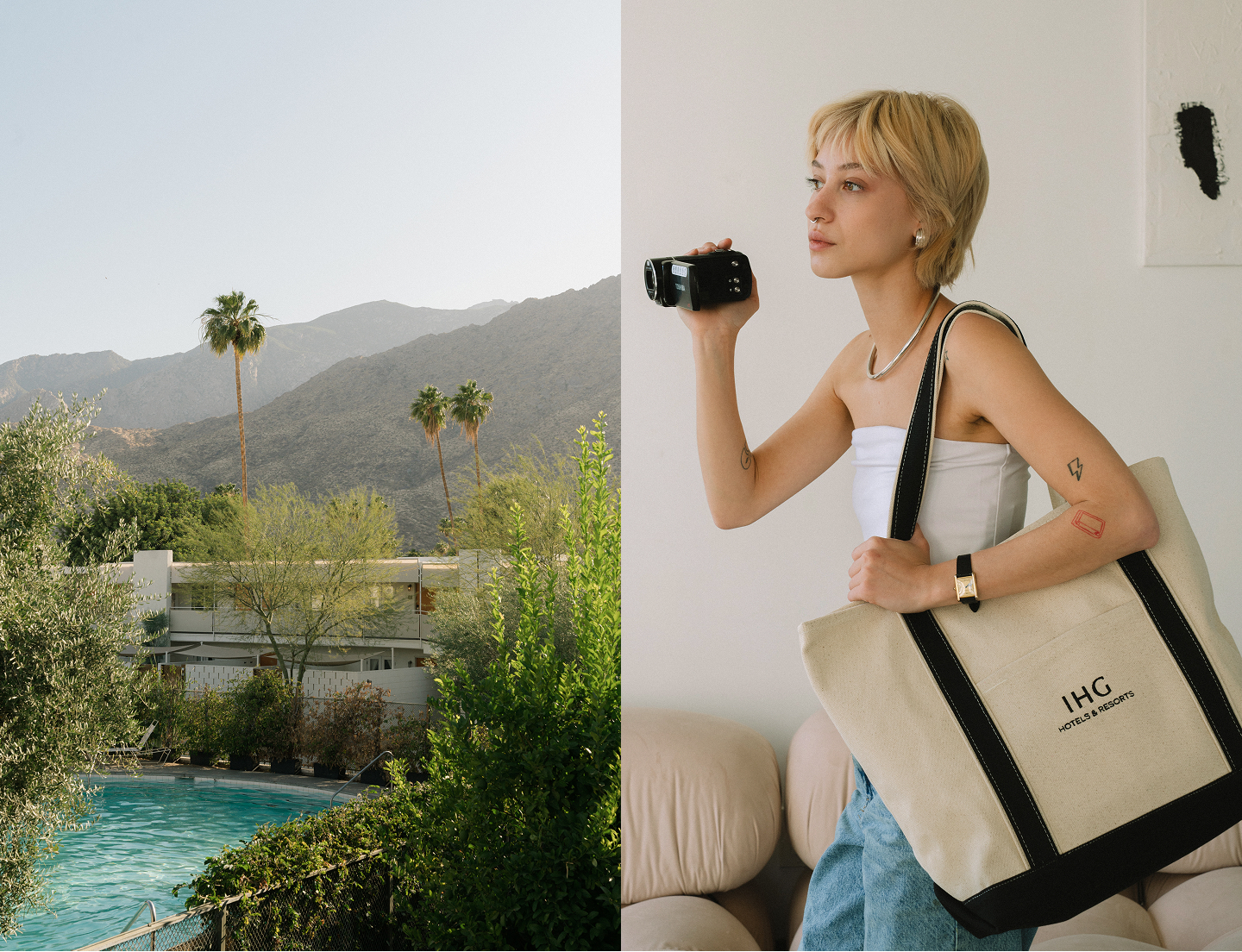 Photo of pool surrounded bt trees with mountains in the back next to model with black and cream custom IHG tote