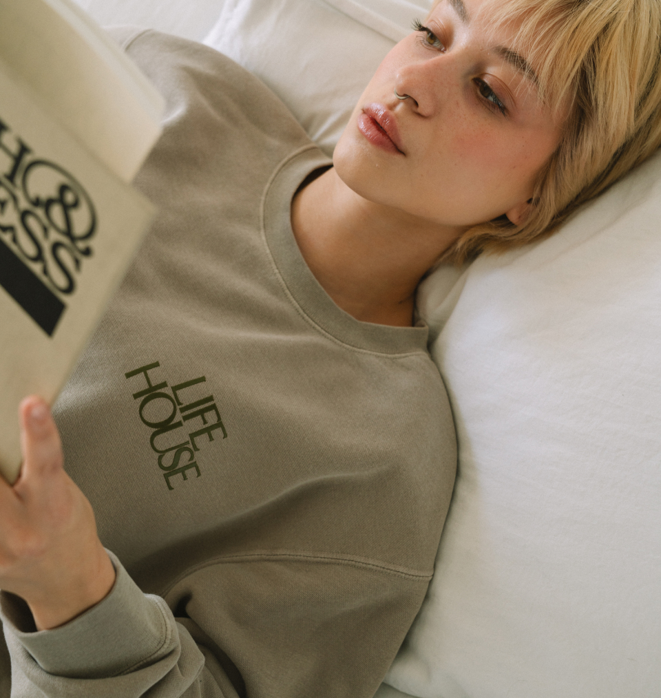 Custom tan crewneck with Life House screenprinted at top left