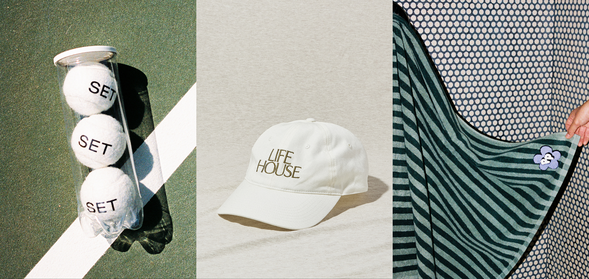 Close up shot of branded SET tennis balls shown on tennis court, white cap with Life House embroidered in brown on front, closeup shot of striped green towel with purple Peptide Parade emblem patch