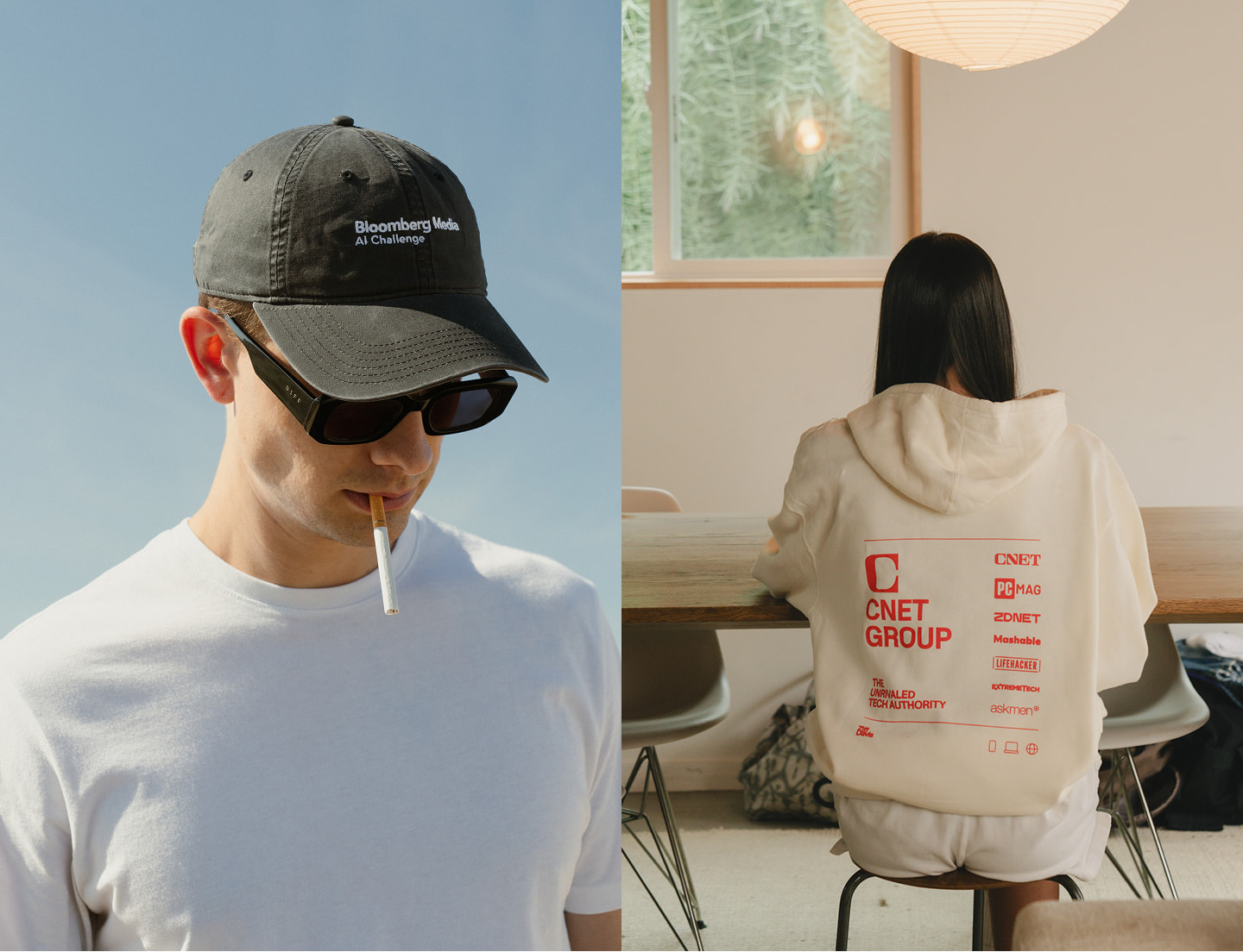 Model looking down with cigarette wearing a black embroidered cap next to picture of model's back at table wearing a white hoodie with orange customization from CNET Group