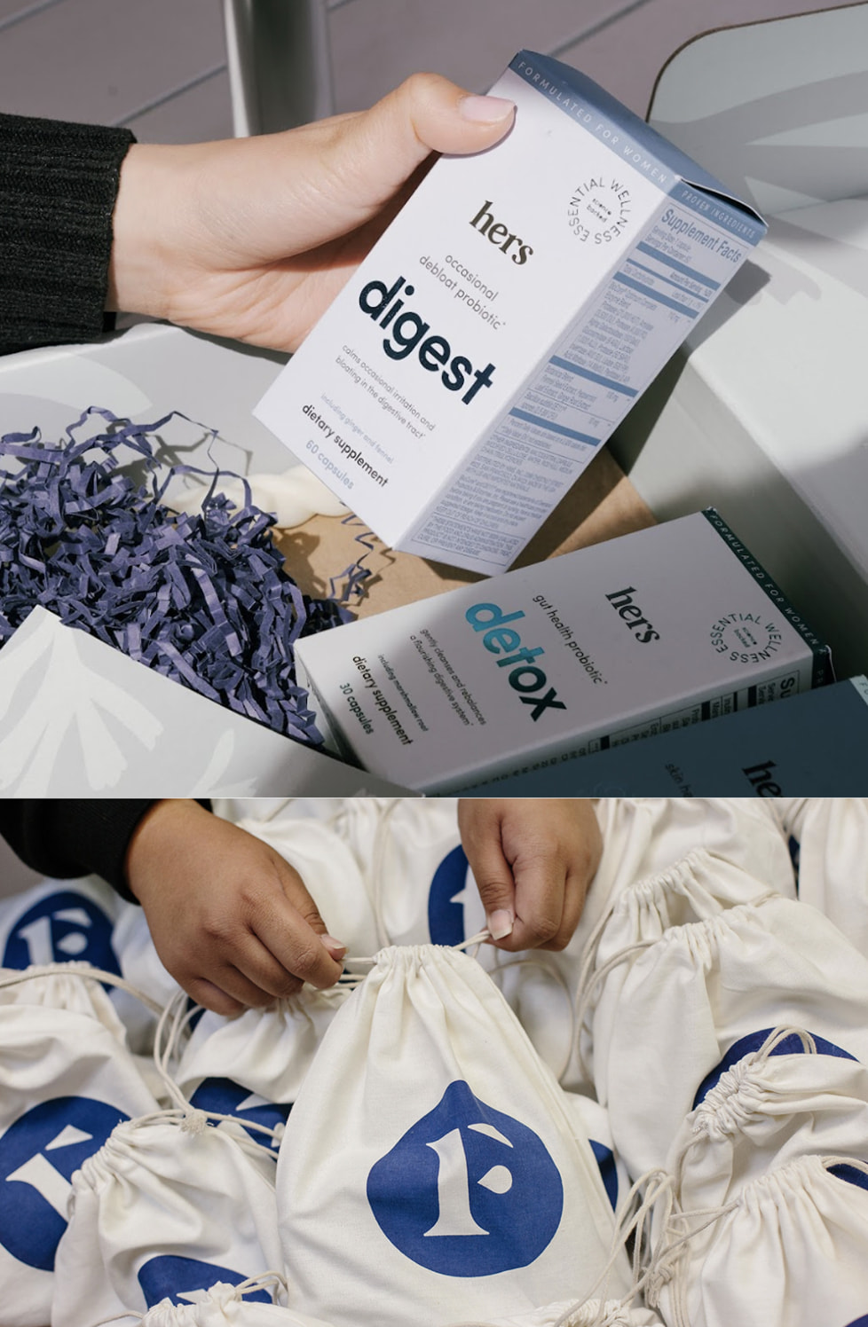 White Hers branded product boxes over image of white drawstring bags with blue logo