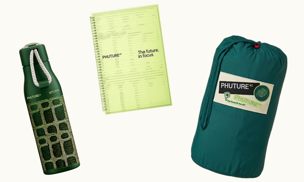 Custom branded bottle, notebook and bag