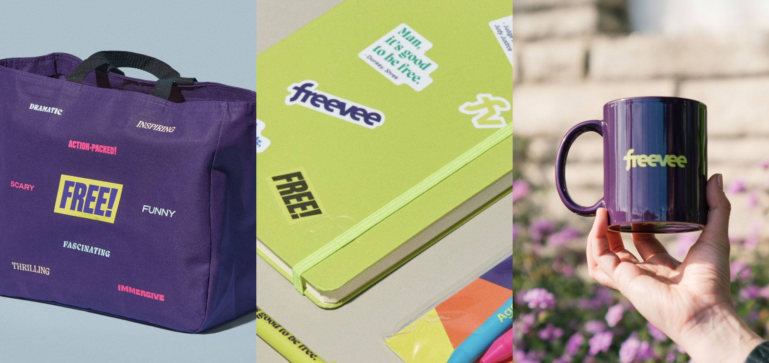 Purple tote with colorful words across front surrounding Free logo, close up shot of Freevee green notebook, outside closeup shot of model holding purple Freevee cup with green logo