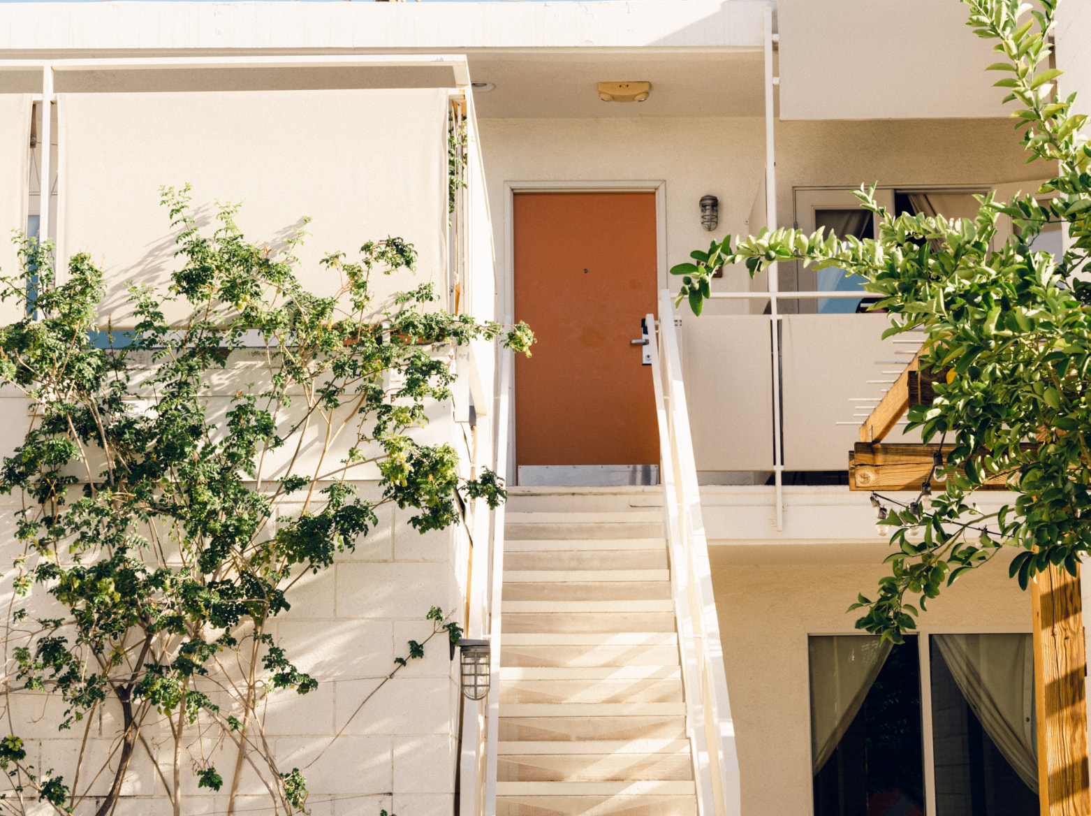 Outside shot of stairs leading up to a brown door 