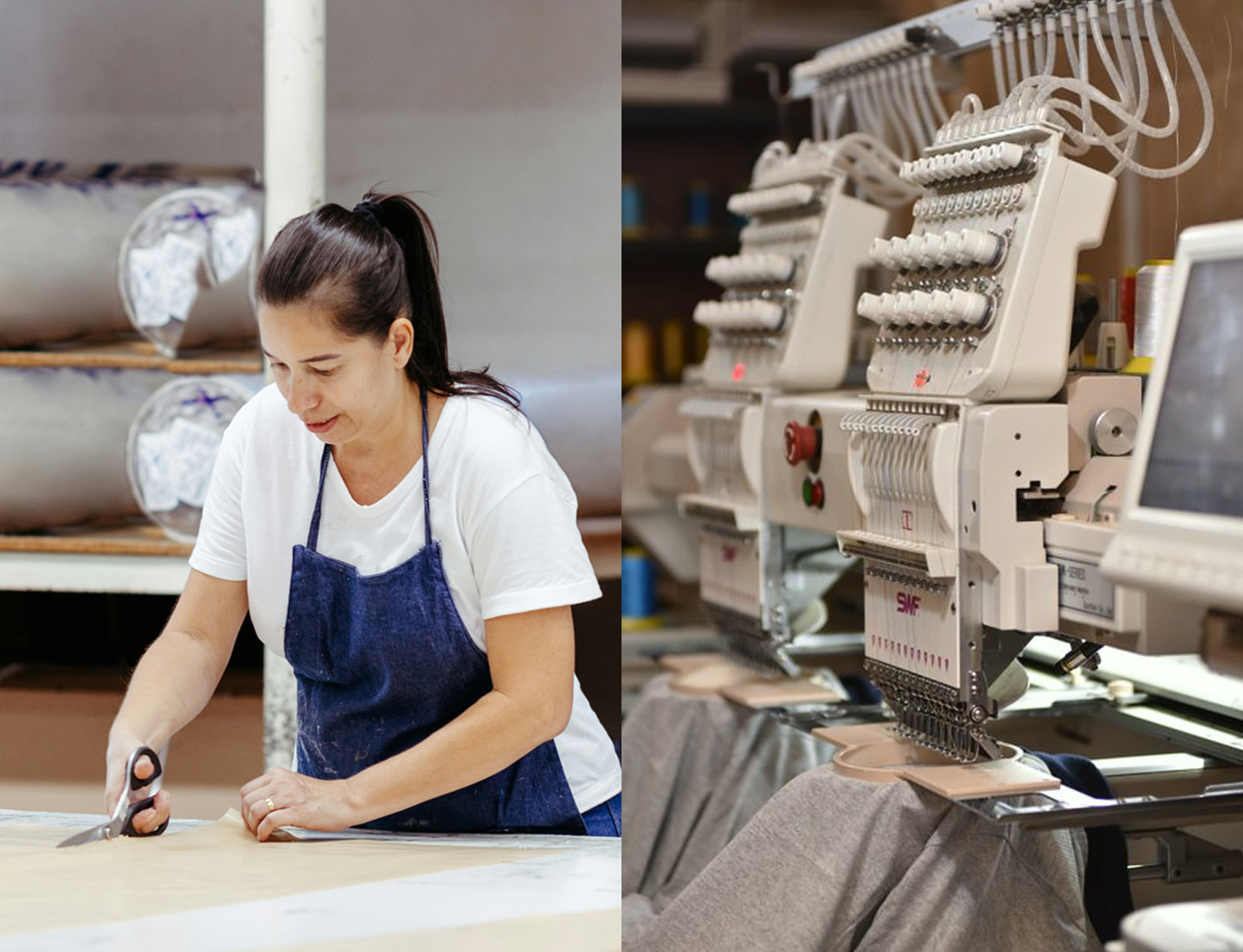 Woman cutting paper in factory next to customization machine