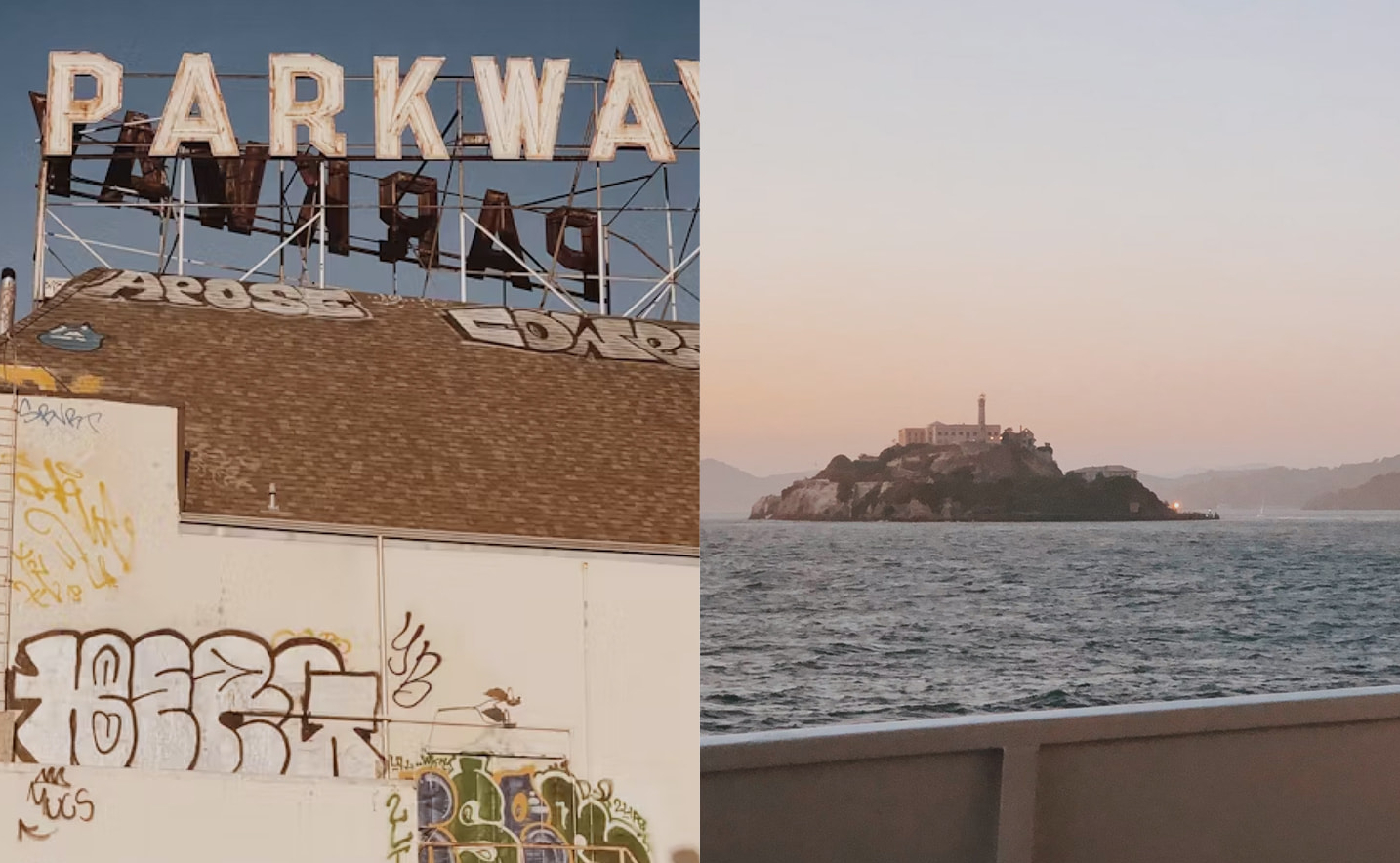 Parkway sign with graffiti and view of Alcatraz Island across San Francisco Bay