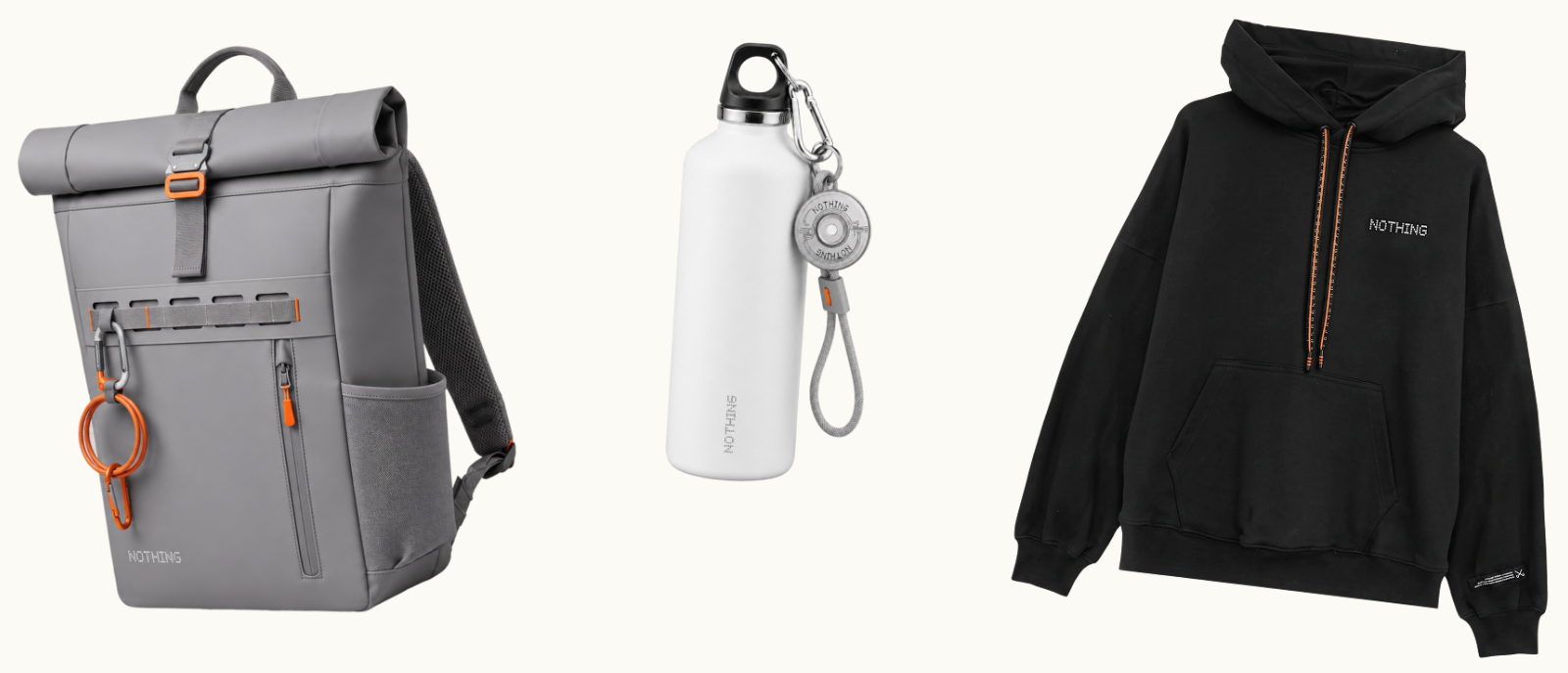 Nothing branded employee swag featuring a backpack, water bottle and hoodie