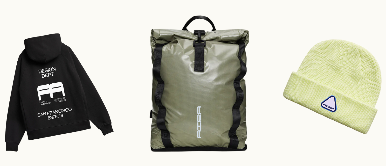 Custo, hoodie, backpack, and beanie rebrand swag